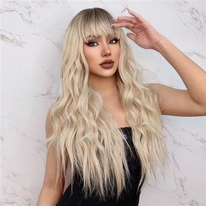 Long Curly Wavy Synthetic Hair Wigs with Bangs Cool Brown to Light Blonde Wig 26
